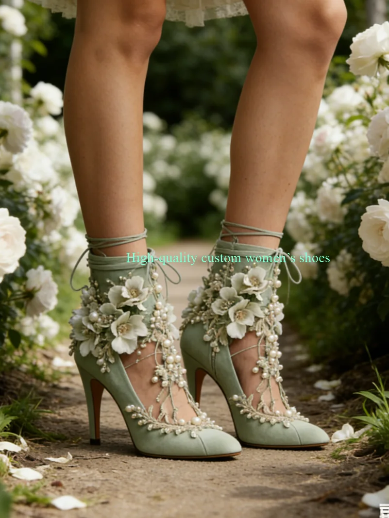 Spring Green French Toe Instep High  Summer Sandals White And Yellow Flower Decorations Adorned With White Pearls Luxury Sandals