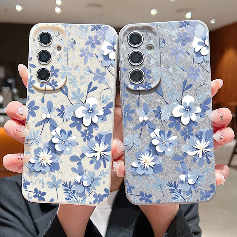 Capa de Telefone com Padrão de Flores Azuis para Samsung Galaxy A17 A56 A55 A36 A16 A15 5G A26 A35 A25 A54 A14 A34 A53 Capa de Silicone Macia