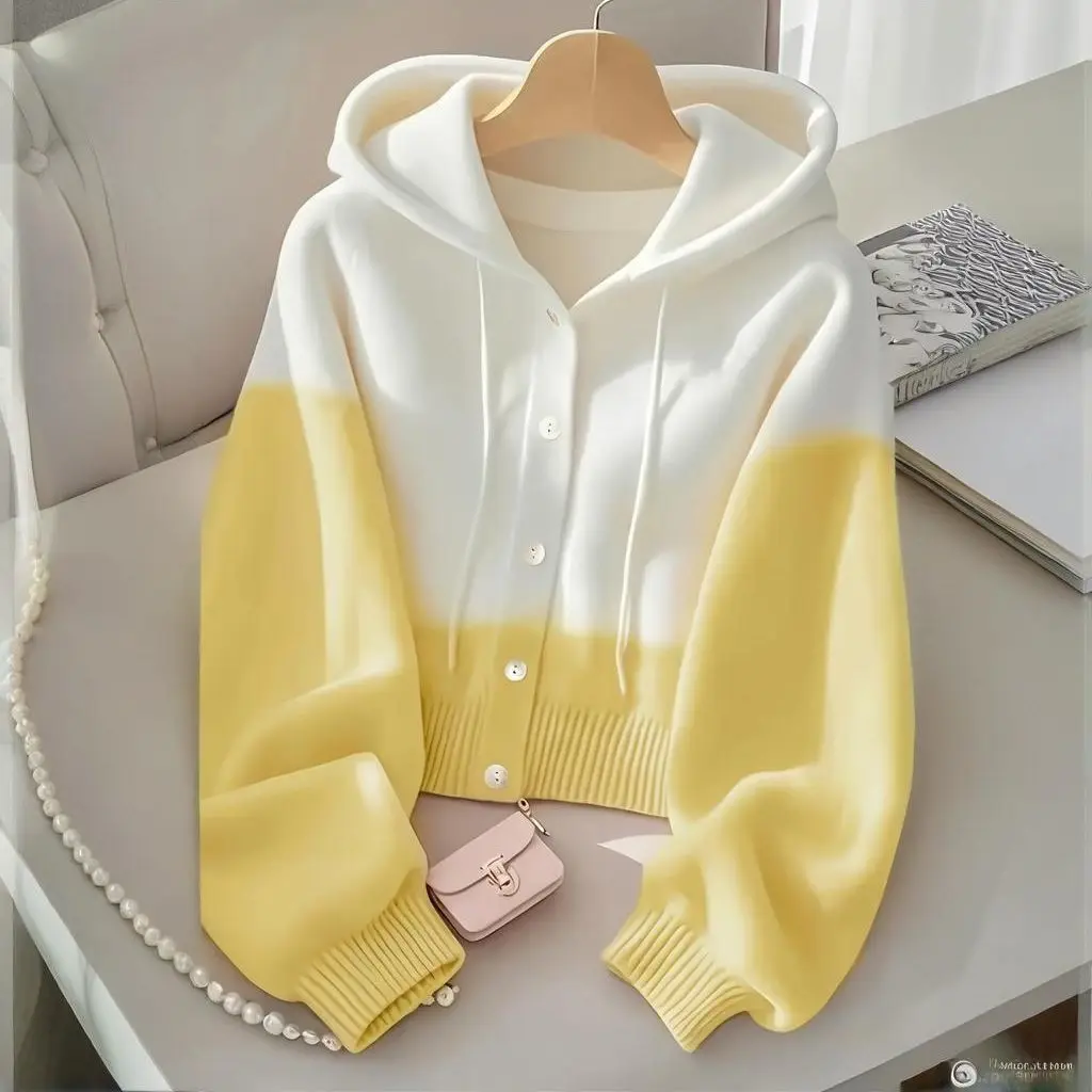 

Модный вязаный кардиган, женский свитер, куртка, весна-осень, новый корейский цветной полосатый короткий свитер с капюшоном, пальто, женские топы