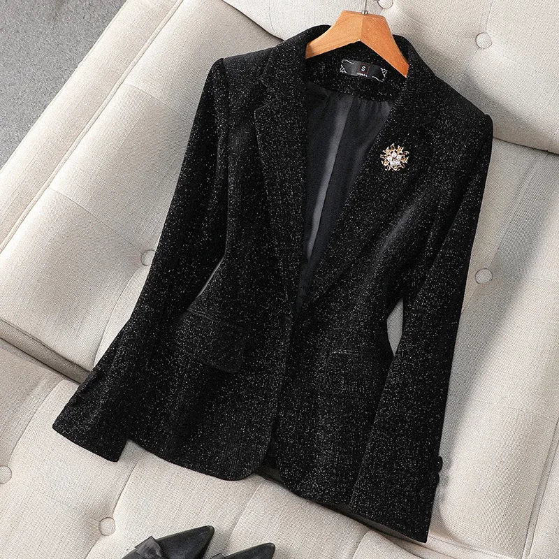 Gorgeous Blazers Women Fashion Slim Golden Velvet Elegant Temperament Blazer Coat Fashion Slim Commuting  Autumn Winter