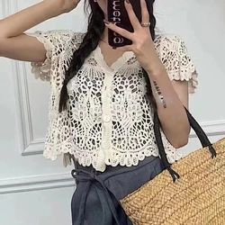 Sheer Crochet Top Short Sleeve Button Front V-Neck Open-knit Embroidery Blouse Women Summer Fairycore Cottagecore Outfit