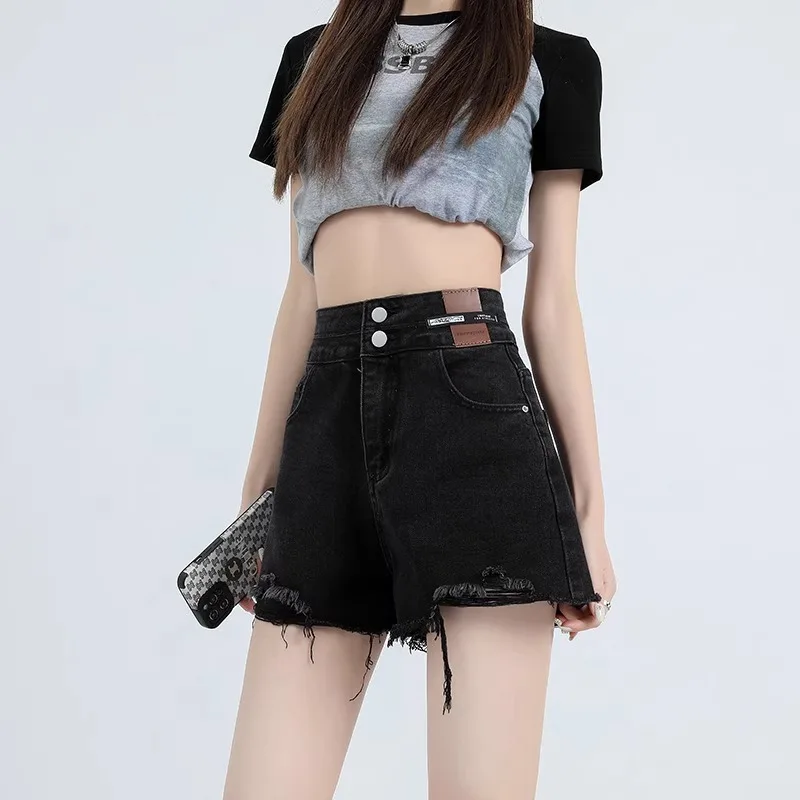 

High Waist A-Line Thin Bla Frayed Denim orts Women's Spring Summer High Elastici Cotton Wear Resistant ort Pants