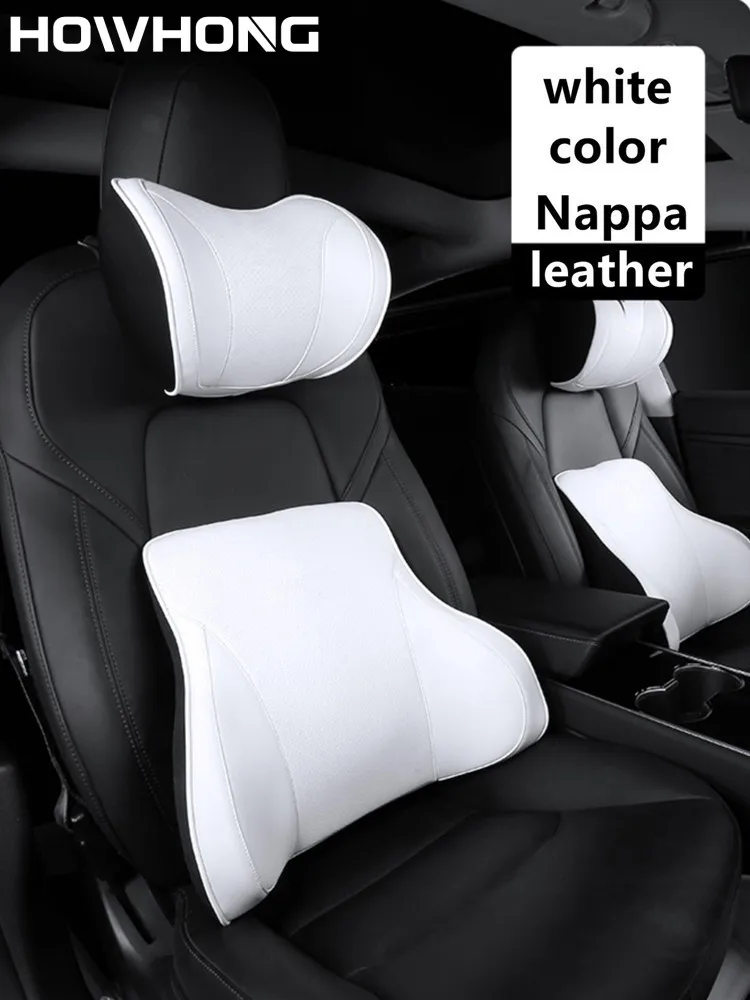 Nappa Leather Memory Cotton Headrest Car Seat Lumbar Bolster Tender Neck Pillow For Tesla Model 3 / Y / X S Interior Accessories