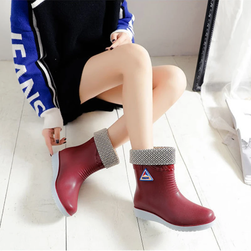 Winter Rubber Boots Women Fashion Rain Boots Waterproof Work Warm Cotton Short Botas Woman Outdoor Garden Non-slip Water Shoes