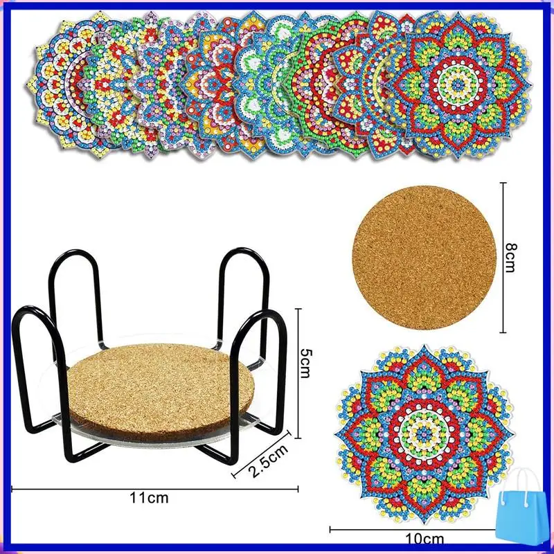 مجموعة قواعد أكواب مكونة من 8 قطع المفضلة لدى العملاء مجموعة قواعد أكواب فنية ماسية ماندالا مع حامل، مجموعة أدوات رسم ماسية ذاتية الصنع