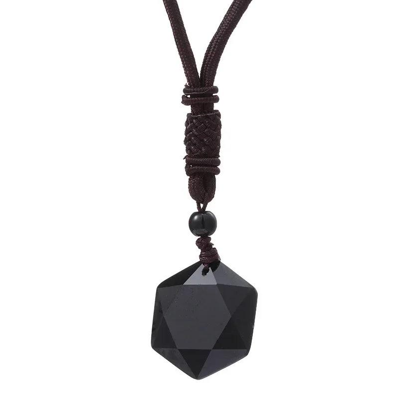 Collar de piedra energética con péndulo de espíritu de la suerte, collar de cuerda negra con estrella de 6 puntas de obsidiana para hombres y mujeres, cadena de suéter, regalo de joyería