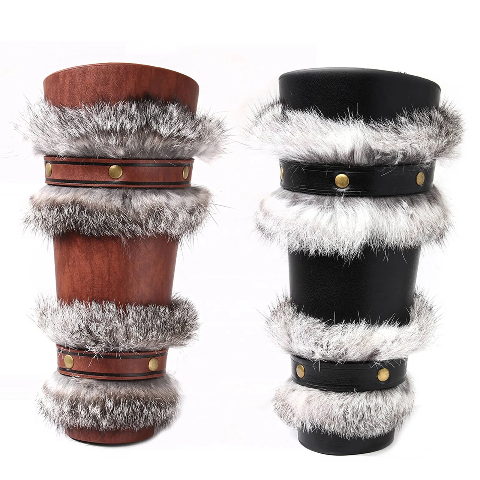 Medieval Viking Faux Fur Leather Arm Guards Gauntlet Stempunk Warrior Knight Wristband for Halloween Cosplay Party Fancy Dress