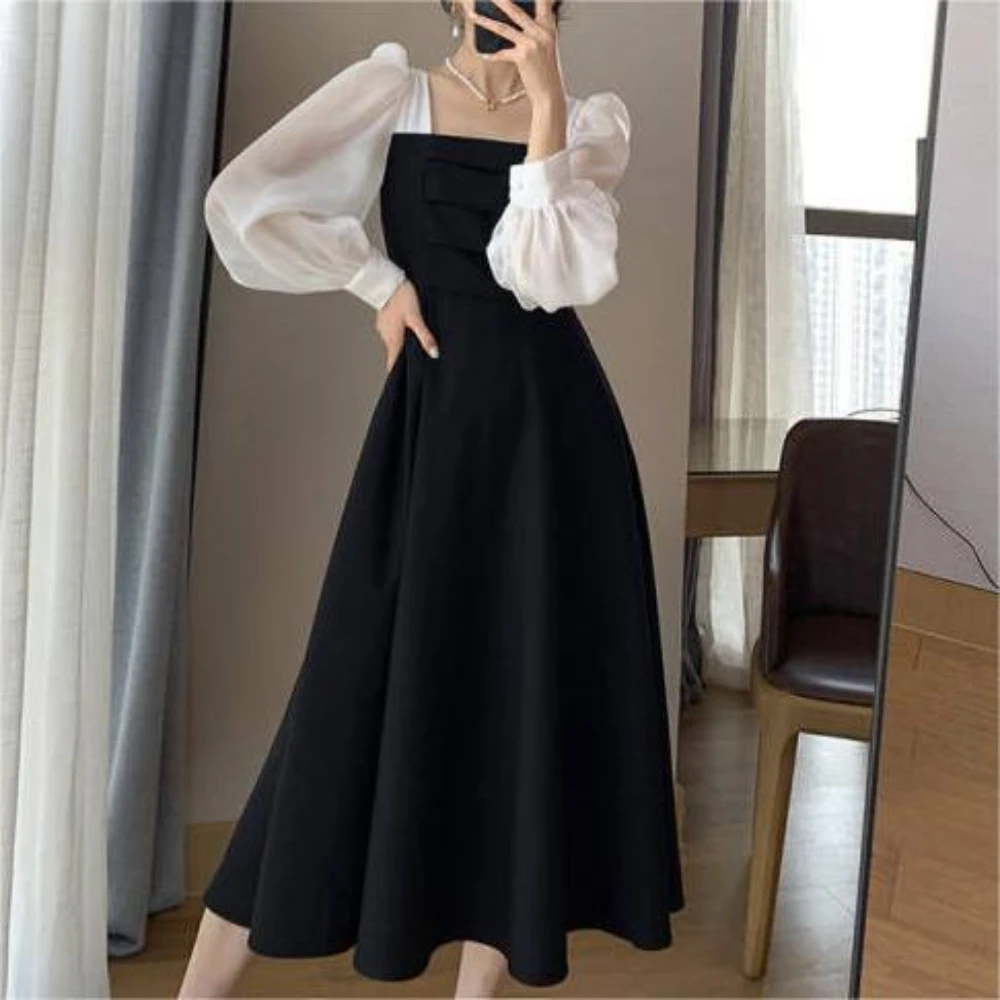 Vintage Square Neck Long Sleeve Loose Hem Women's Long Dress For Evening or Daily or Going Out Sehe Fashion