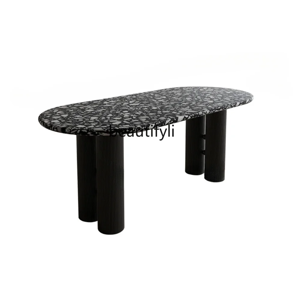 

zzFrench Retro Marble Dining-Table Oval Home High-End Black and White Terrazzo Table