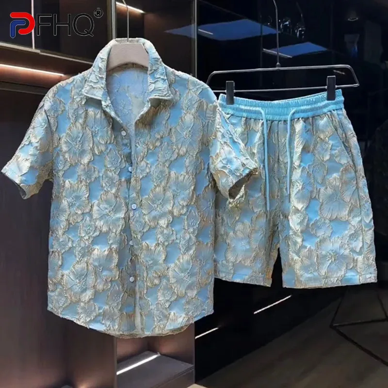 PFHQ Embossed Flower Short Sleeved Shirt Shorts Men's Summer 2024 Turn-down Collar Luxury Contrast Color Male Sets 21Z5116