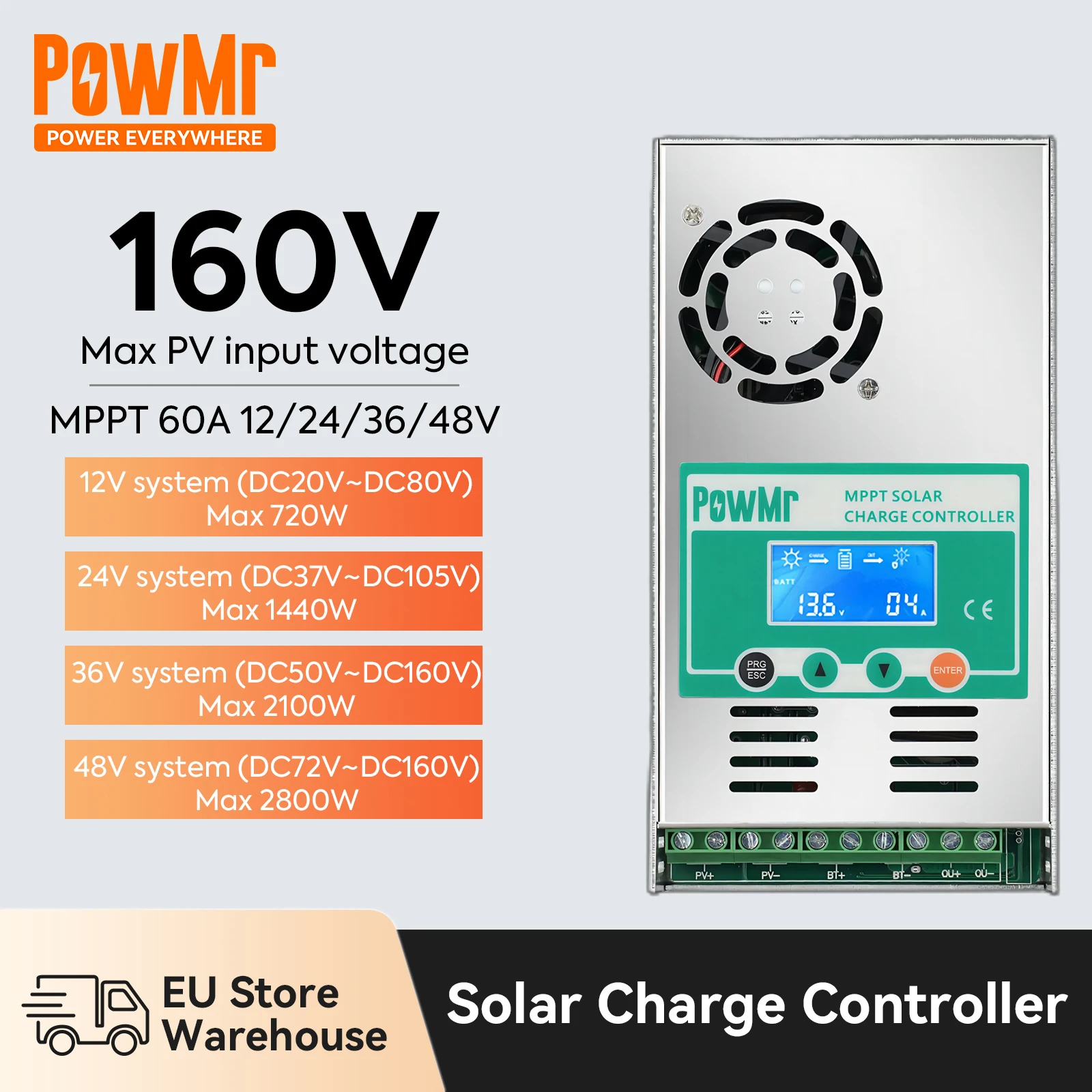 Powmr 60a mppt Solar laderegler 12V 24V 36V 48V Laderegler für Lifepo4, Lithium, Blei-Säure-Batterie