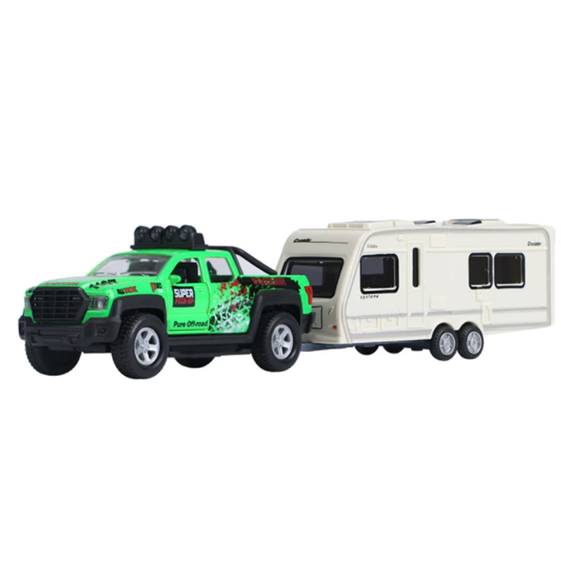 1/32 Alloy Truck Transport Car Vehicles Model Diecast Toy Travel Touring Car Yacht Trailer Car Pickup Model Sound Light Kid Gift