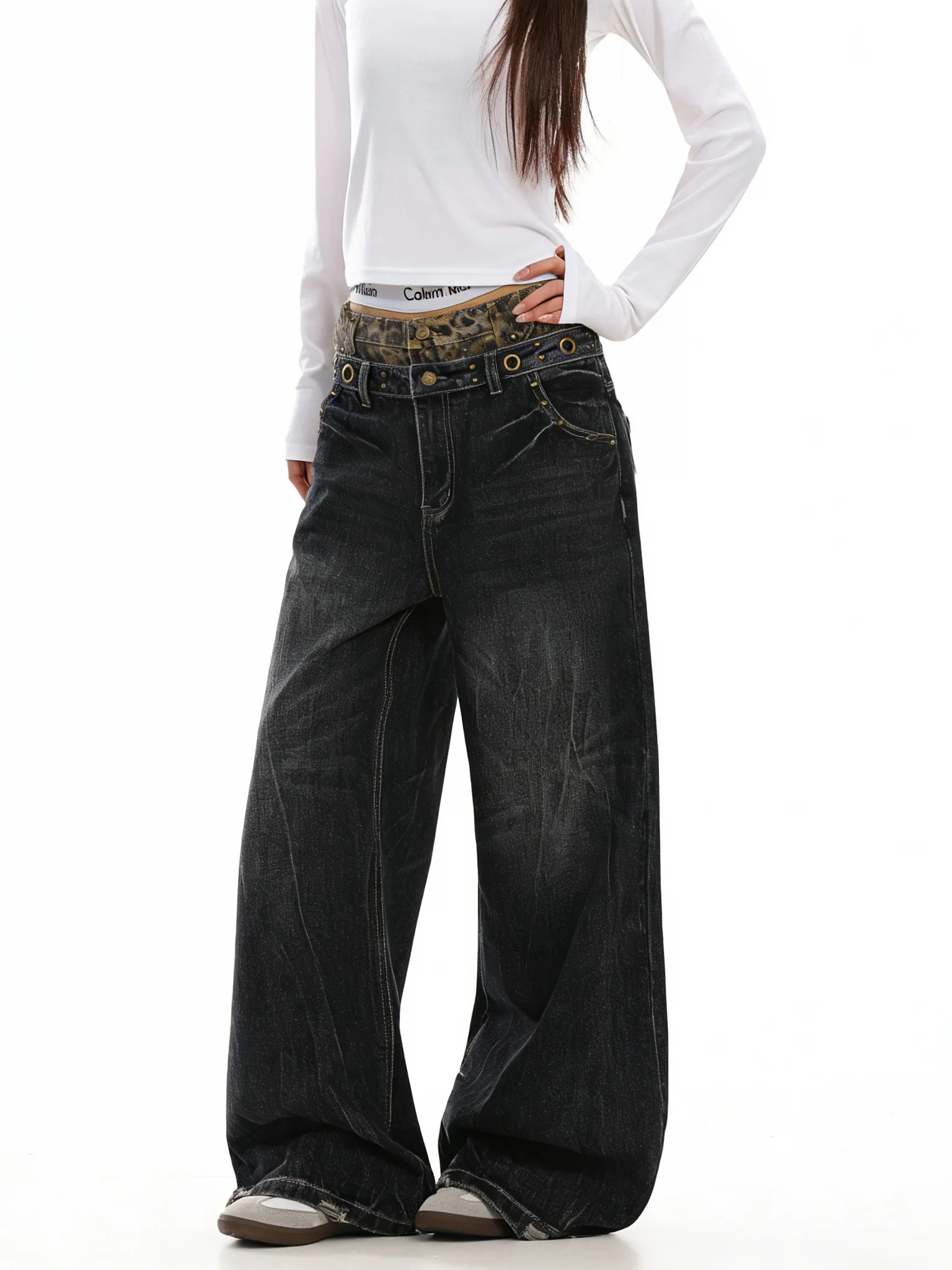 

Джинсы женские Orderstage American Sle, с леопардовым принтом, дизайном с двойным поясом, джинсовые, с эффектом зрительного удлинения, модные, для пар