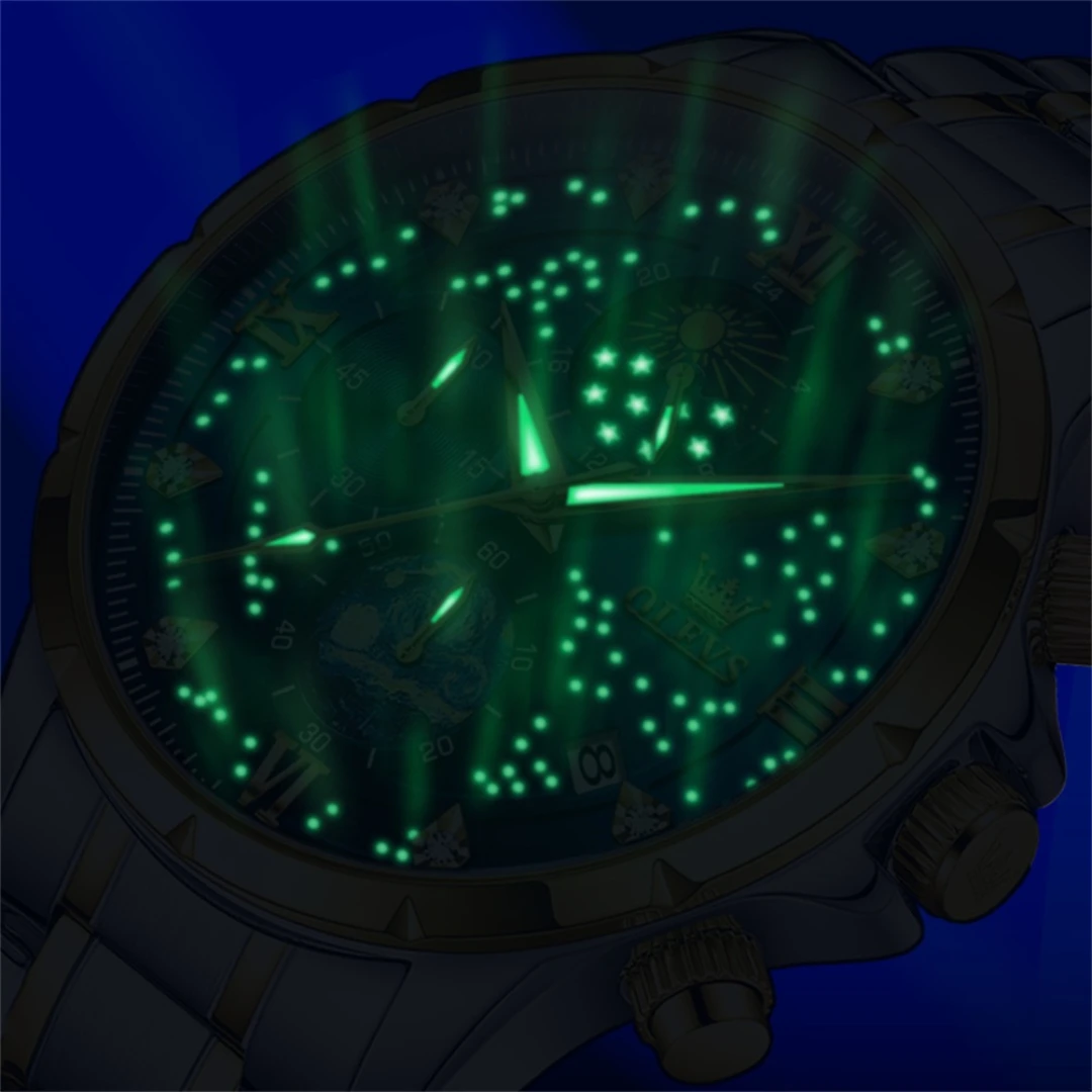 OLEVS 9807 Quartz Fashion Watch Gift Round-dial Stainless Steel Watchband Wristwatch Calendar Luminous Small second image 5
