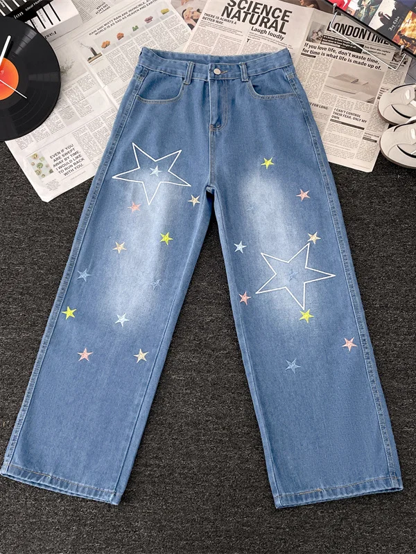

Свободные прямые джинсы с вышивкой звезд, мужские и женские осенние повседневные широкие брюки в американском стиле, джинсовые джинсы Hine