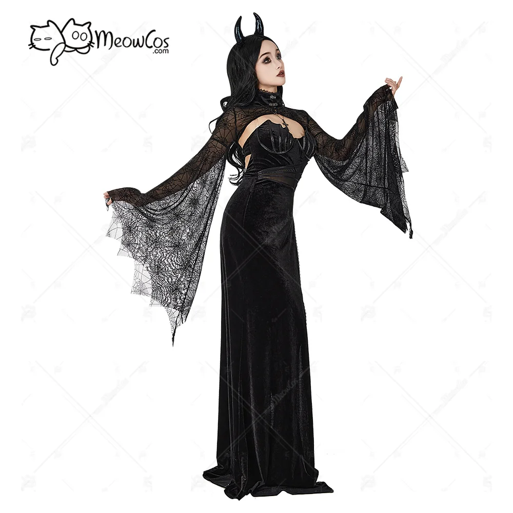 MEOWCOSHalloween Gothic Dress Black Mesh Spider Web Design Flared Sleeves Dress Cosplay Costume