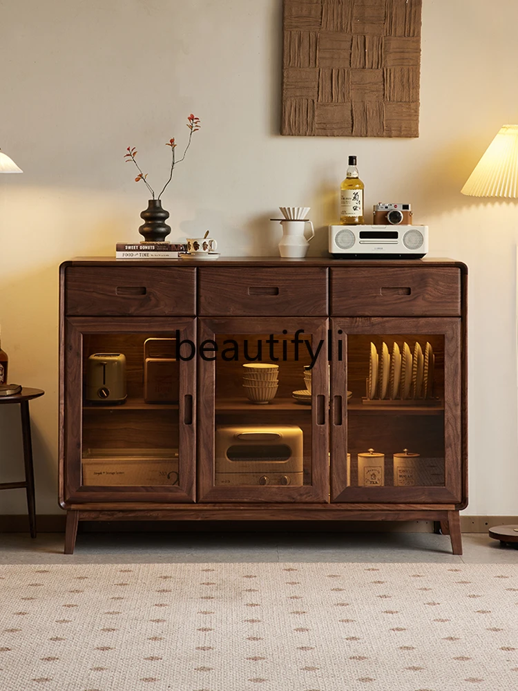

North American black walnut dining side cabinet Nordic simple tea cabinet household living room wall solid wood locker