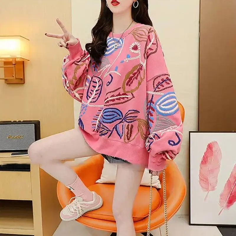 Fashion O-Neck Loose Casual Printed Sweatshirts Female Clothing 2024 Spring New Oversized All-match Tops Korean Sweatshirts