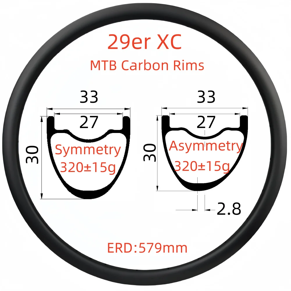 29er Carbon Rims 30mm Depth 33mm Wide Super Light XC MTB Carbon Rims UD Hookless/Tubeless Carbon Rims