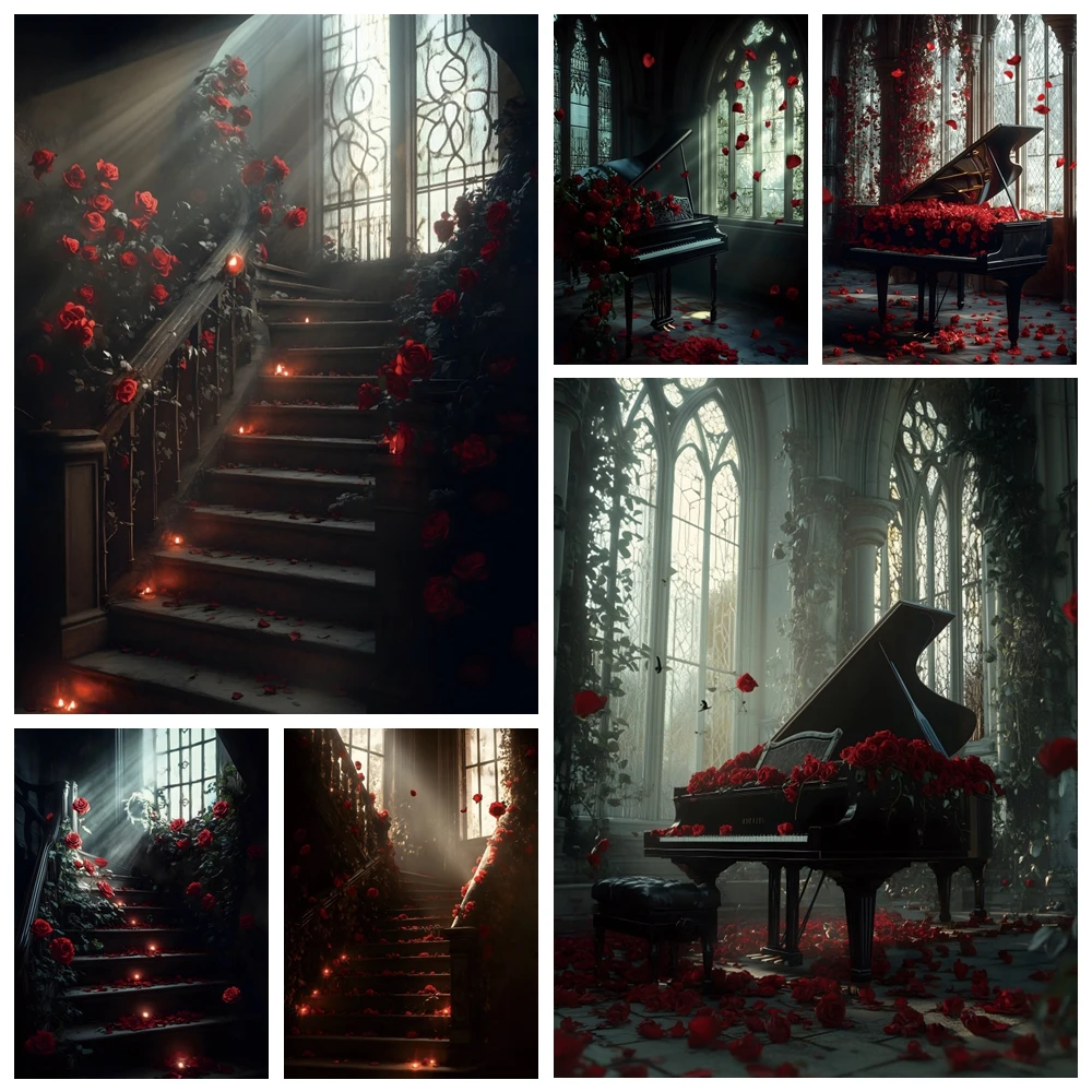 

Retro Red Flowers Backdrop Photography Ancient Castle Piano Sunlight Window Wedding Decoration Maternity Art Portrait Background