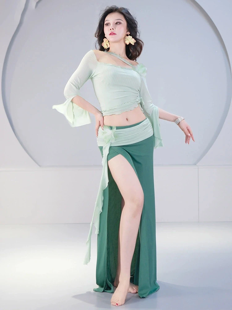 Roupas de prática de dança do ventre estilo francês conjunto de bloco de cores top + saia para mulheres roupas de aula de dança do ventre