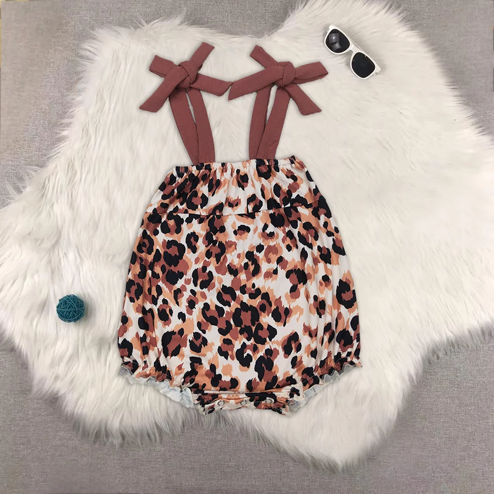 

Baby Infant Girls Dark Brown Bows Strap Leopard Rompers