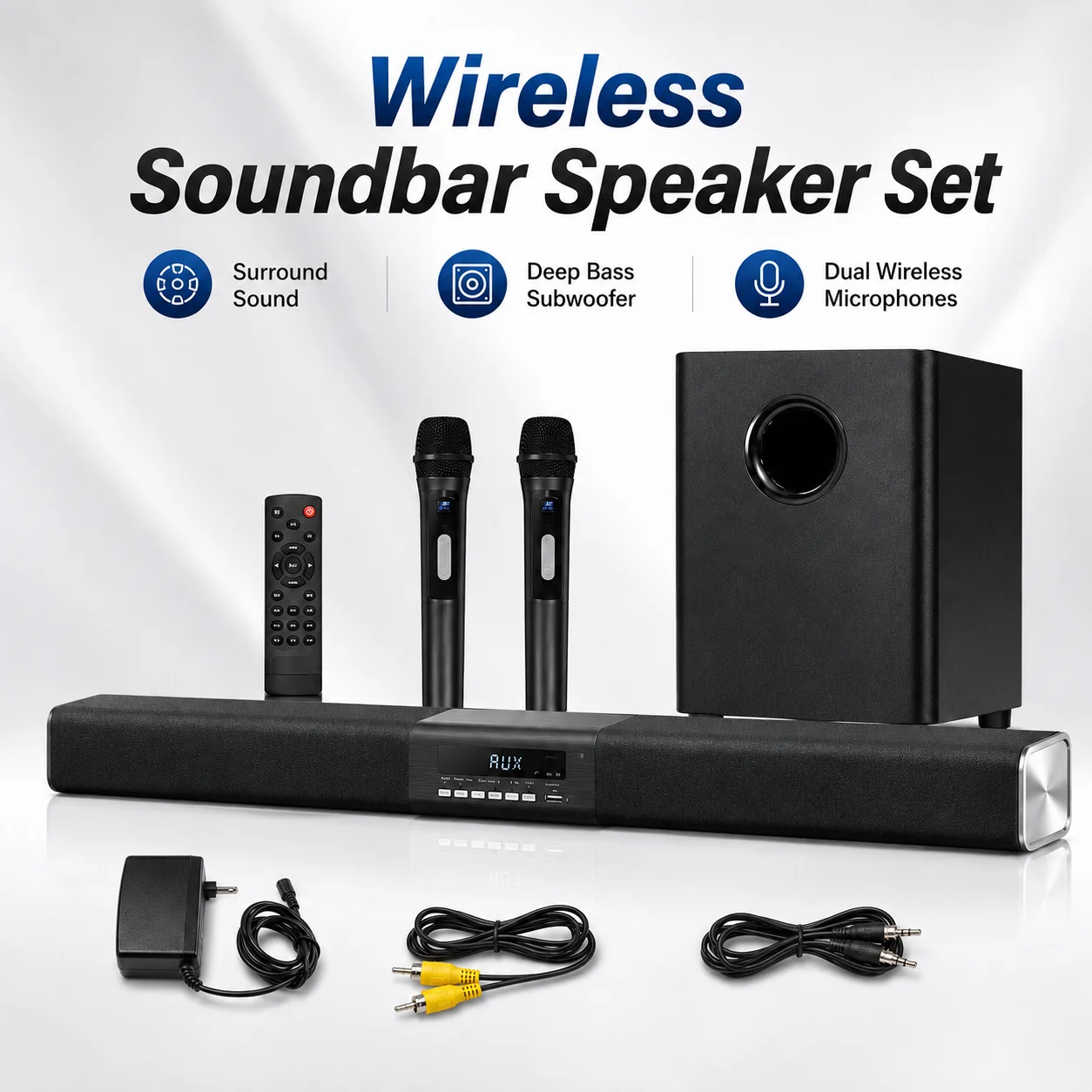 Powerful Bass 2.1 Soundbar With Subwoofer Wireless Karaoke Microphone Bluetooth 5.3 Home Theater Audio For TV Projector Home KTV