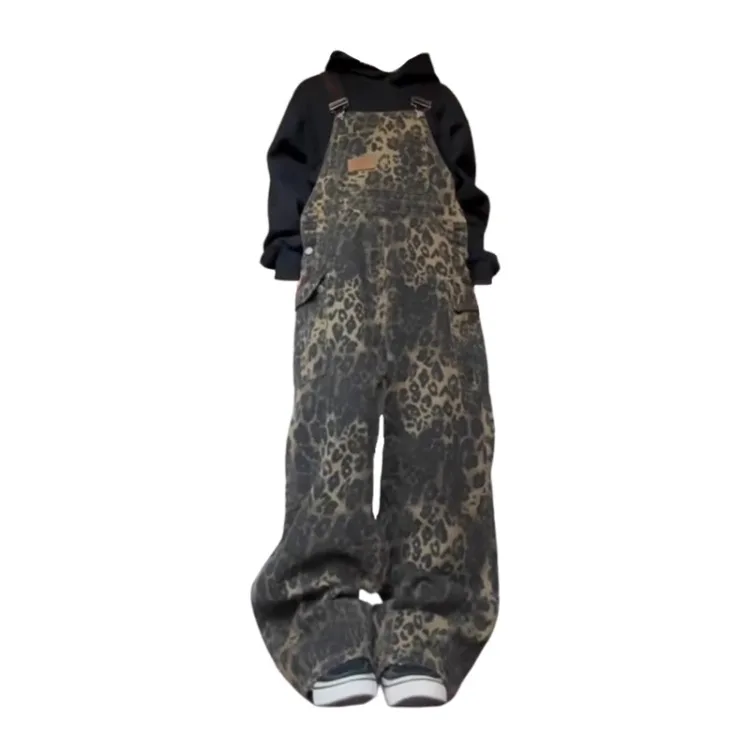 American Retro Straight Leopard Print Strap Pants Y2k High Waist Loose Wide Leg  Early Autumn New Jeans for Women Overalls