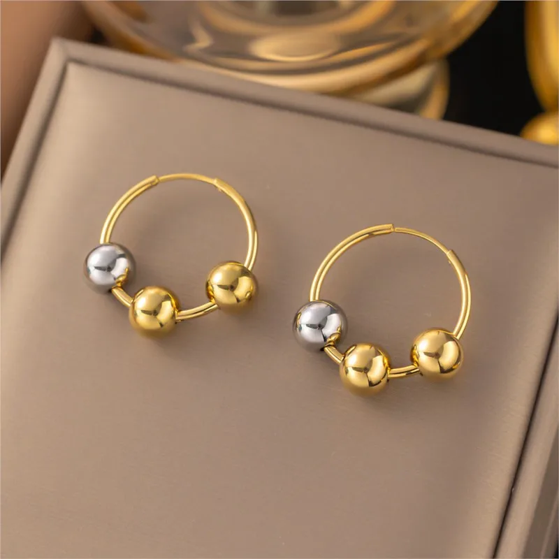 ANENJERY 316L Stainless Steel Three Hollow Steel Ball Hoop Earring for Women Simple Niche Earring Party Daily Jewelry Accessory