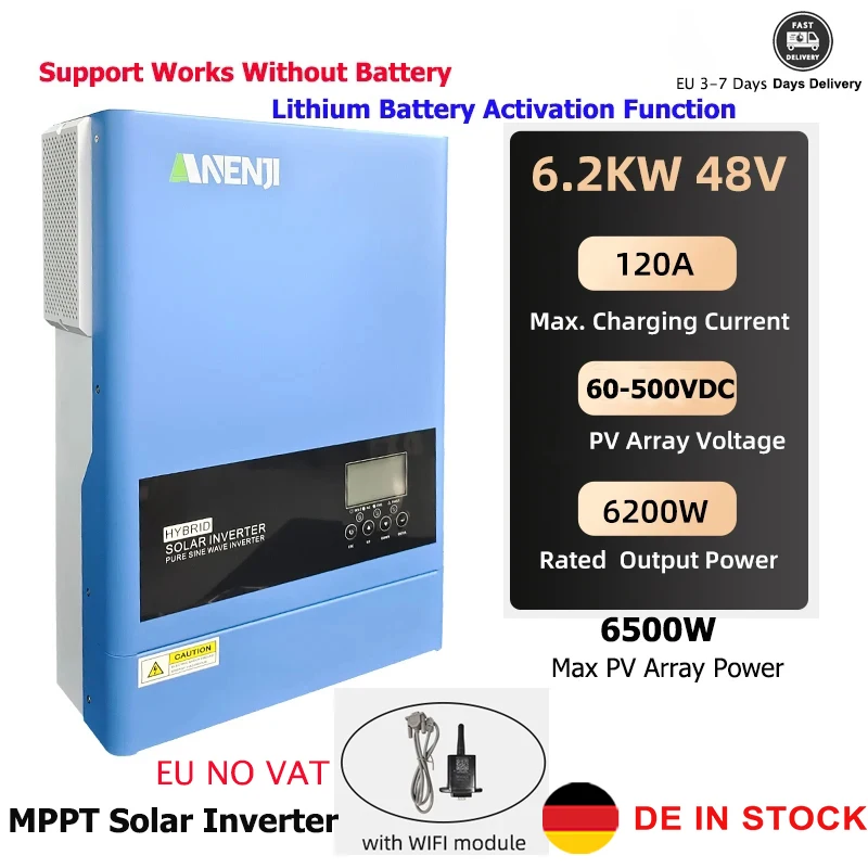 Hybrid Solar Inverter 6.2KW Pure Sine 48V Off Grid Solar Inversor 230VAC PV 60- 500V Built in 120A Solar Charge controller WiFi