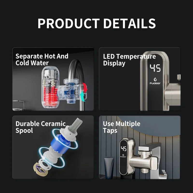 Fudeer Kitchen Electric Water Heater Tap Instant Hot Water Faucet Heater Cold Heating Faucet Tankless Instantaneous Water Heater