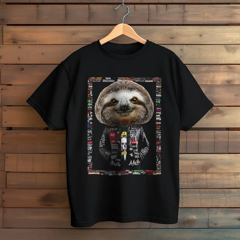 

Cute Sloth T-Shirt, Funny Sloth Shirt, Punk Sloth Shirt, Unisex Animal Portrait, Metalhead Animal, Rock and Roll Shirt