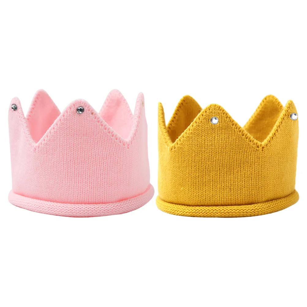 

2Pcs Cute Knitted Crown Hat Baby Knit Cap Soft Acrylic Birthday Party Toddler Newborn Shower Accessory Toddler Knit Crown Hat