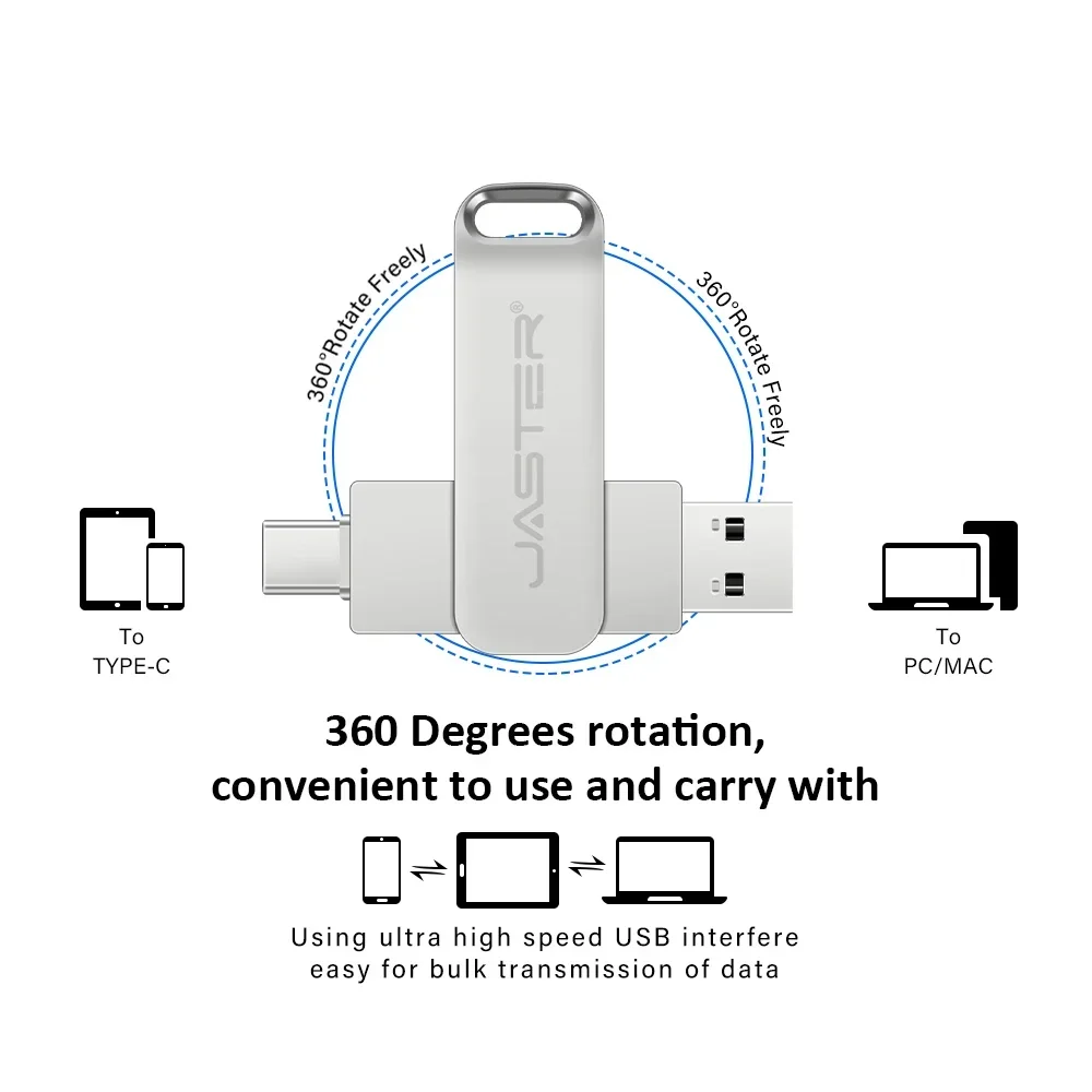 JASTER TYPE-C 2 in 1 USB Flash Drives 64GB Rotatable Metal Memory Stick 32GB Silver Pen Drive 16GB Free Key Chain USB Stick 8GB