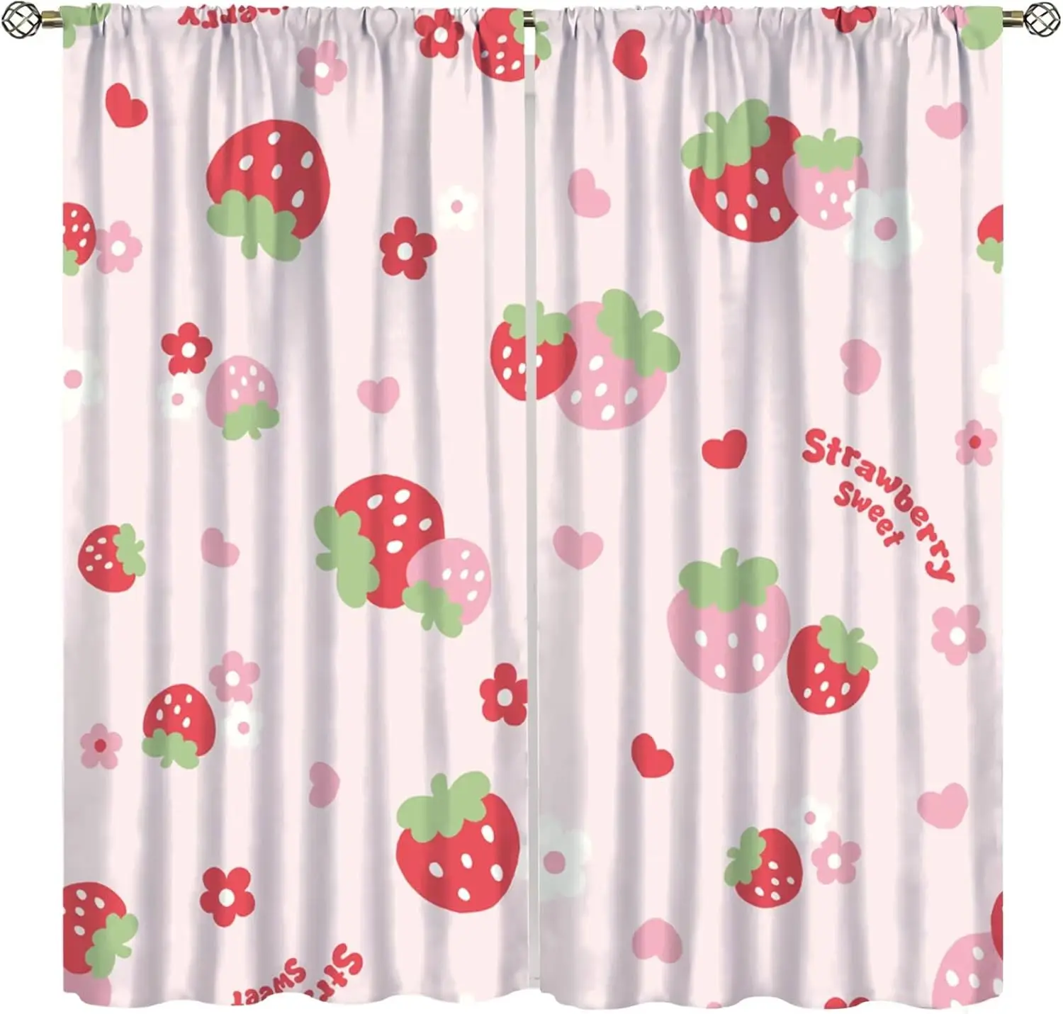 Strawberry Fruit Flower Cute Curtains Groovy Funky Trendy Flower Printed Rod Pocket Window Drapes for Girls Bedroom Living Room