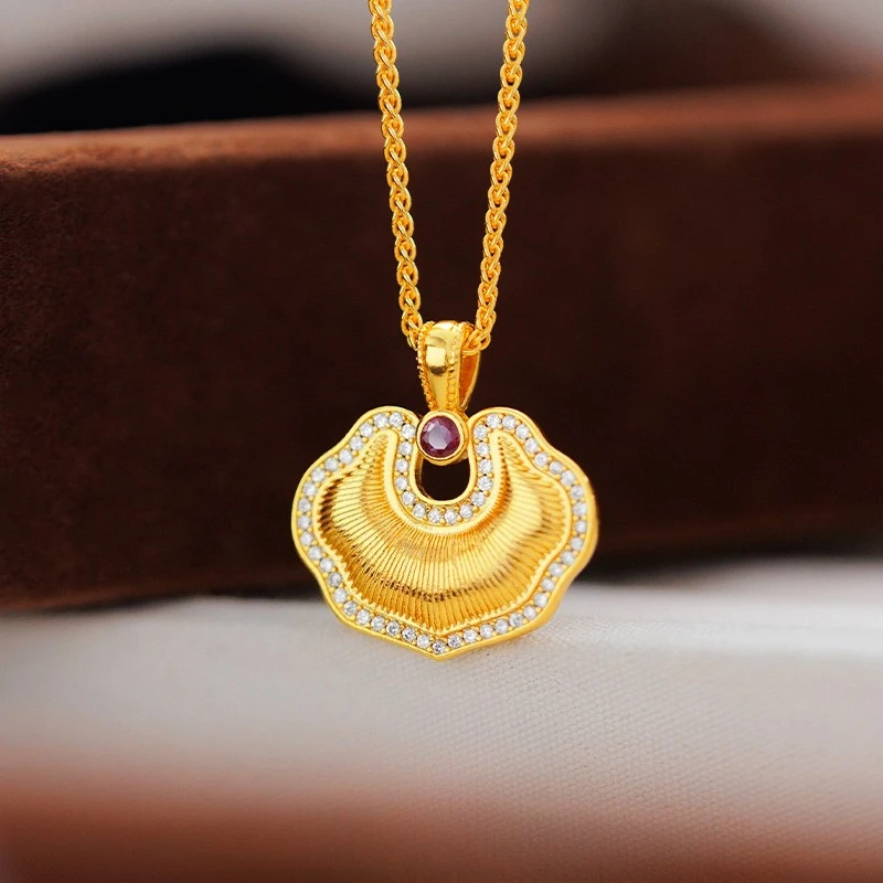 

Lucky Genuine 18 Kt Gold Color Ruyi Fu Lock Pendant Necklace for Women Bride Birthday Necklace Chain Jewelry Gifts