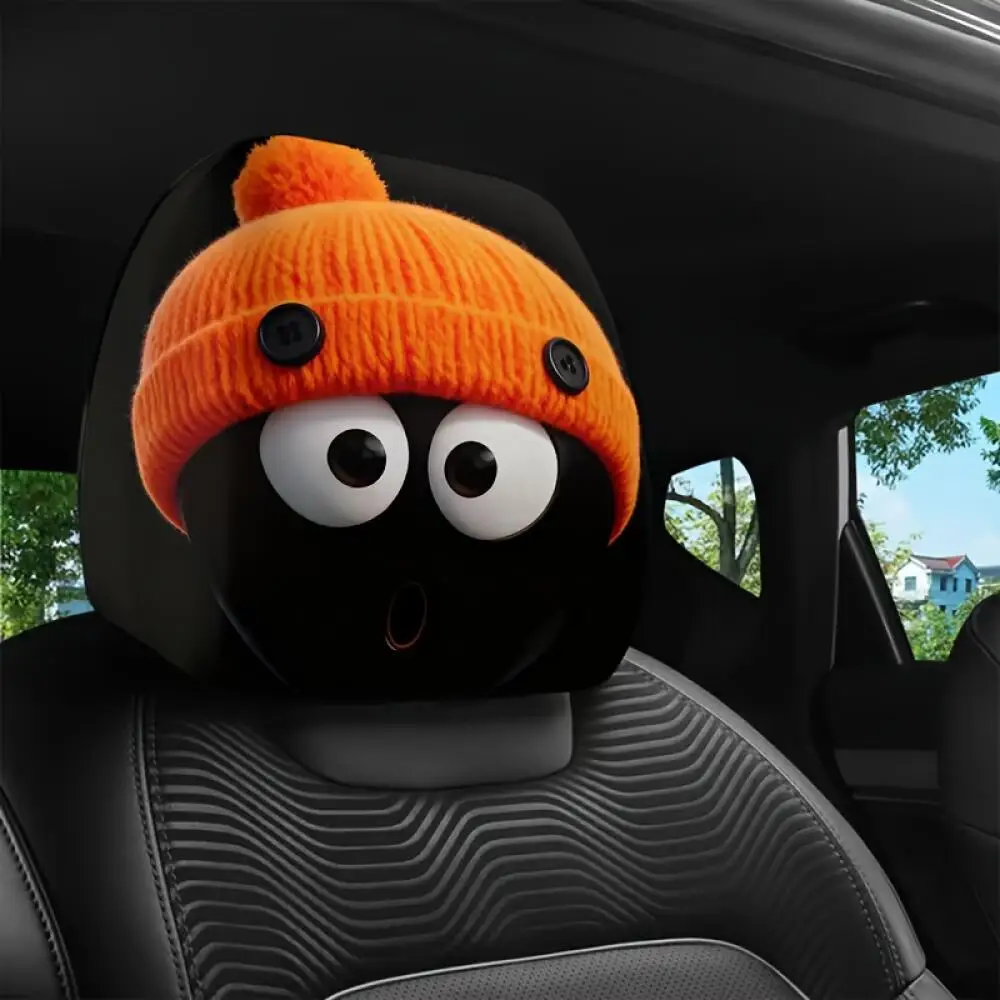 2 Pieces Cute  Coal Ball  Car Headrest Covers with Orange Beanies, 2D Printed, Elastic, Universal Car Seat Headrest Protectors view 3