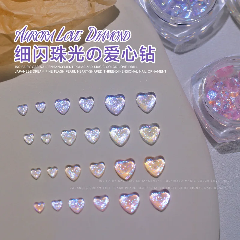 30Pcs/Box Pink Crystal Heart Nail Rhinestone 3D Resin Flat Back Aurora Glitte Heart Love Nail Charms Jewelry Nail Art Decoration