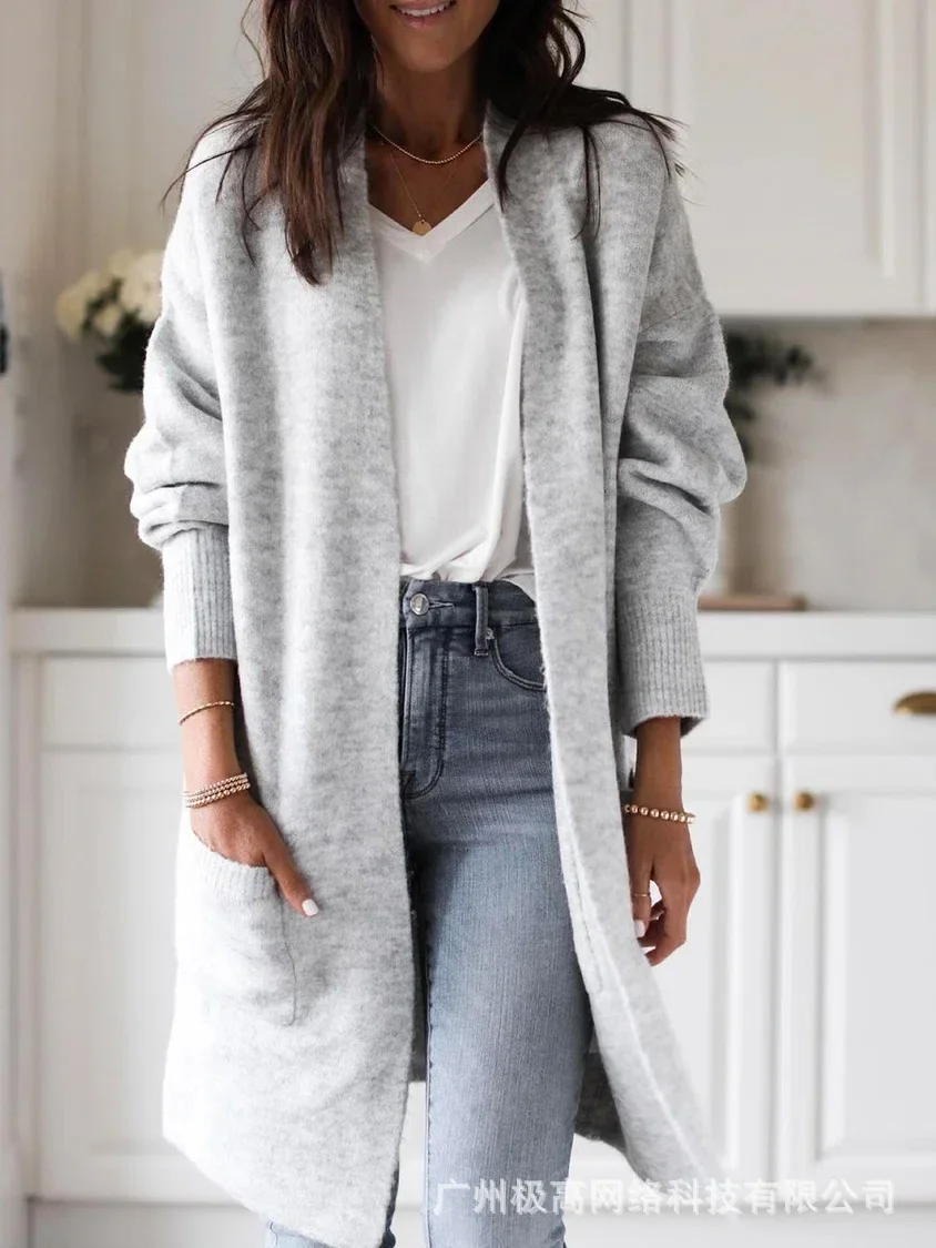 Pocket Design Open Front Longline Cardigan Women Loose Solid Color Fashion Casual Long Sleeve Sweater Cardigan