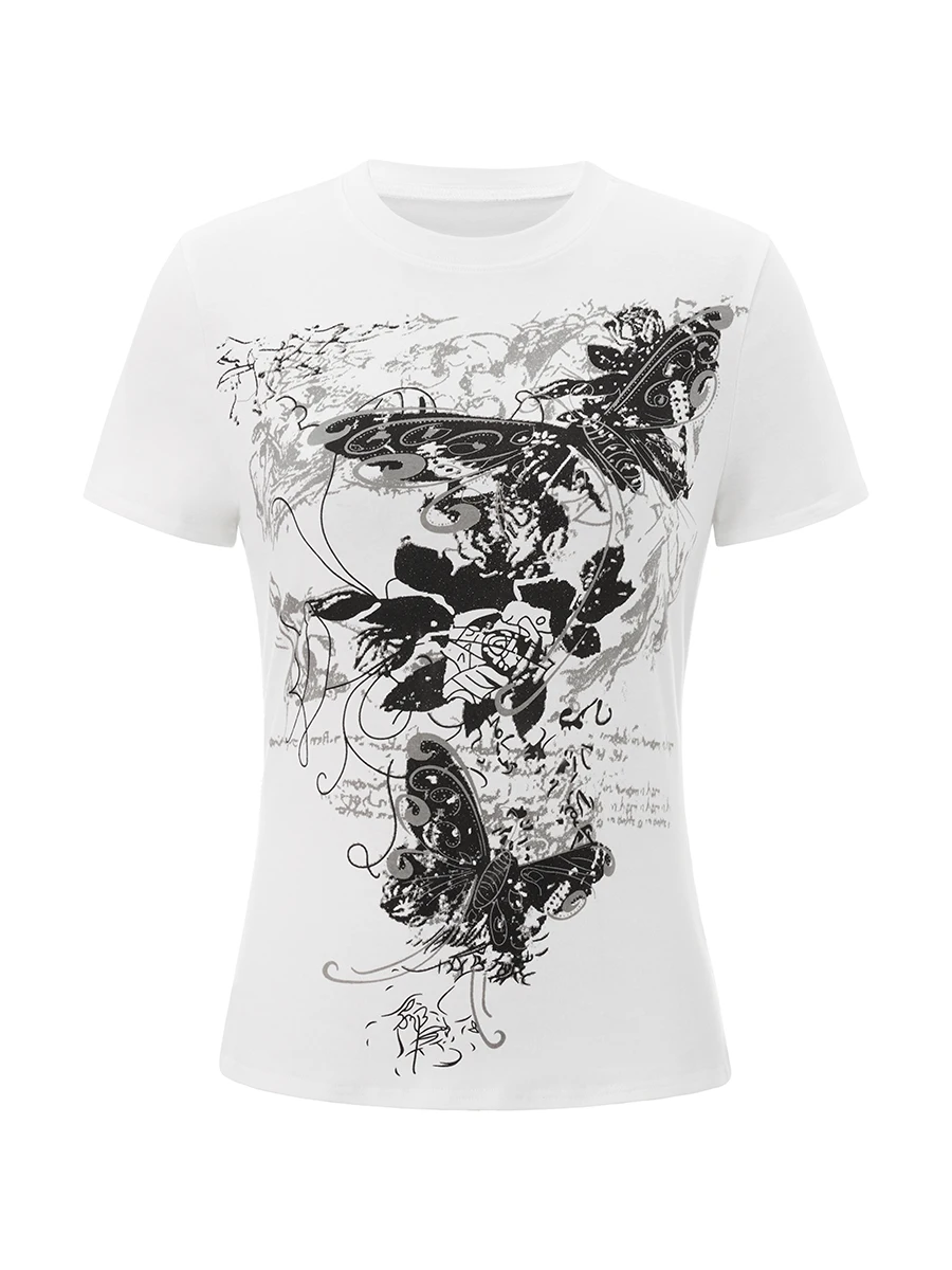 تي شيرت نسائي صيفي مينغ بأكمام قصيرة ورقبة دائرية وطباعة نمط تي شيرت عصري