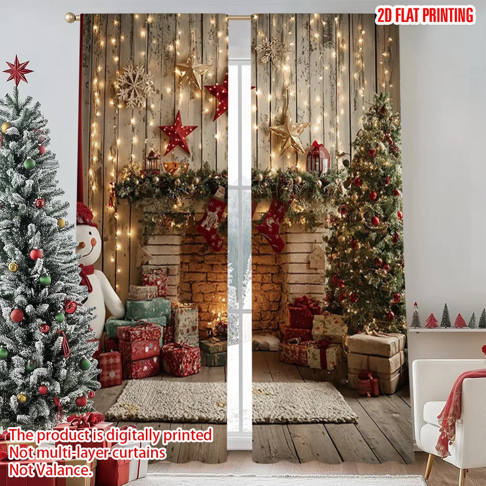 

2pcs 2D flat printing Merry Christmas Curtains Snowman fireplace Fabric Without Electricity Festive Holiday Perfect for Spring