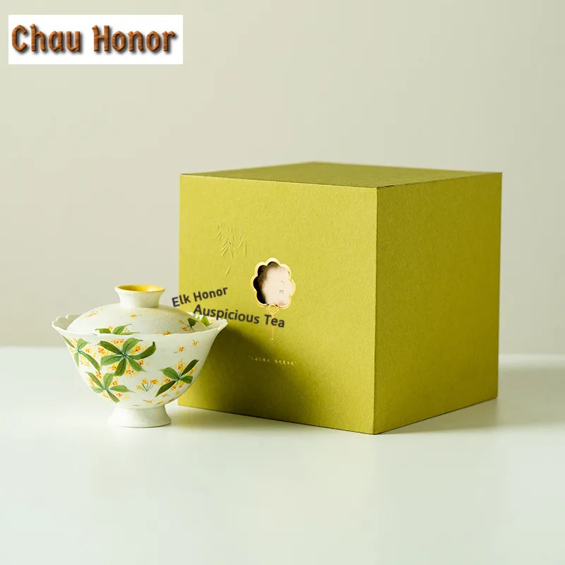 

100ml Hand-painted Osmanthus Flowers Gaiwan Retro Tea Tureen Tea Bowl with Lid Kit Tea Maker Cover Bowl Kung Fu Tea Set supplies