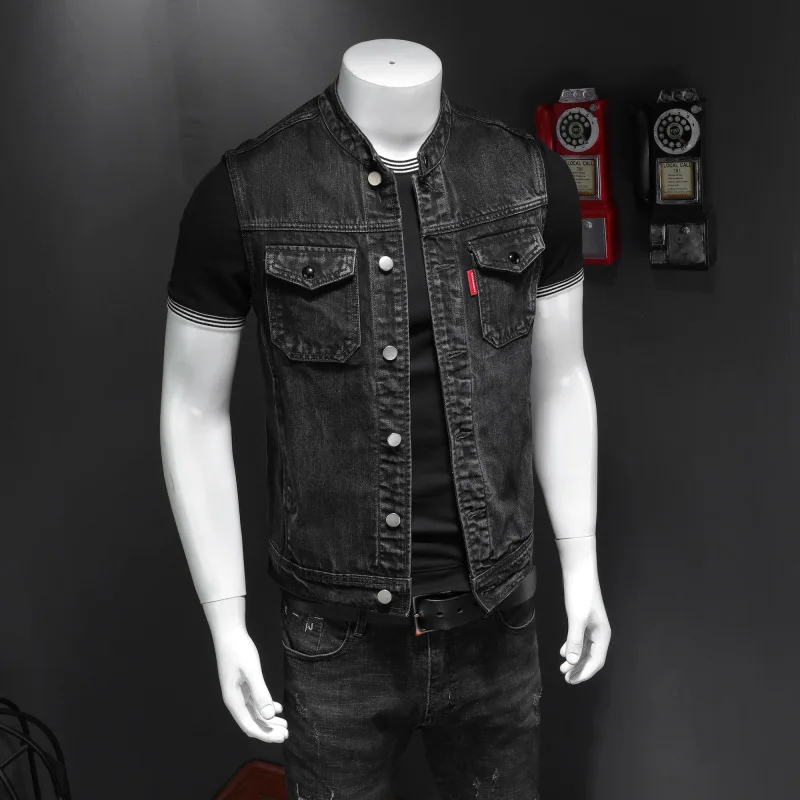 2024 New Autumn Men's Motorcycle Team Uniform Black Stand UP Collar Large Denim Vest