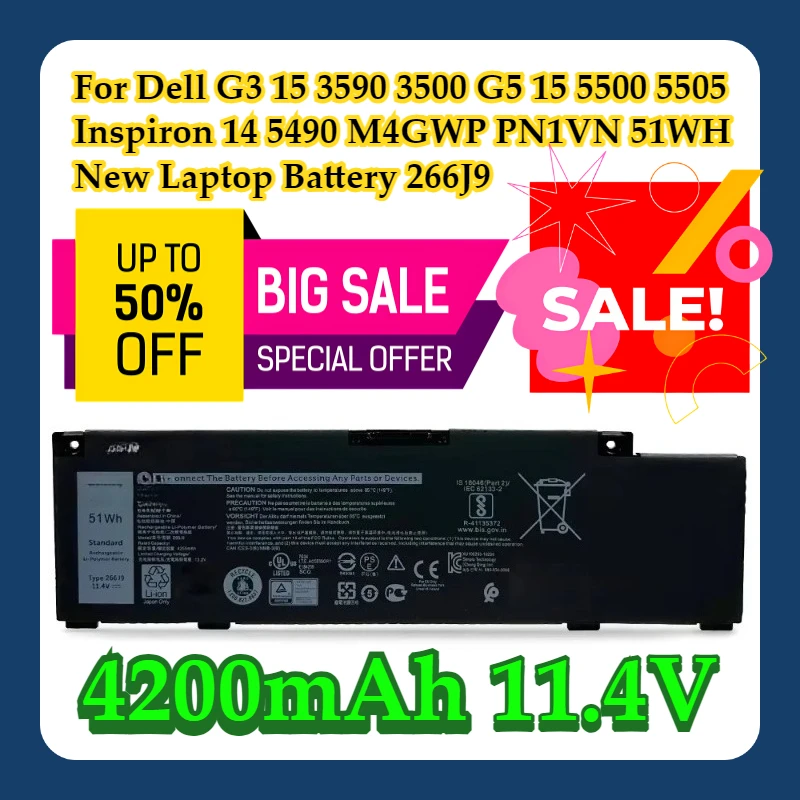 

For Dell G3 15 3590 3500 G5 15 5500 5505 Inspiron 14 5490 M4GWP PN1VN 11.4V 51WH New Laptop Battery 266J9