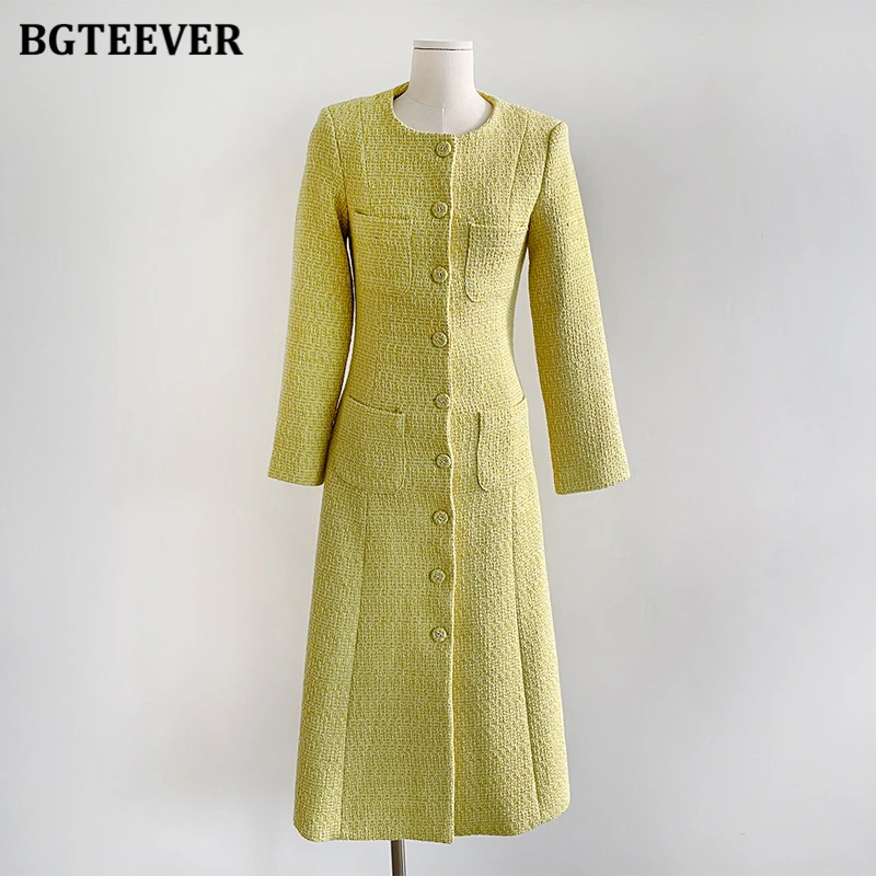 BGTEEVER Elegant O-neck Slim Waist Female A-line Dress Long Sleeve Pockets Single-breasted Women Dress Autumn Vestidos