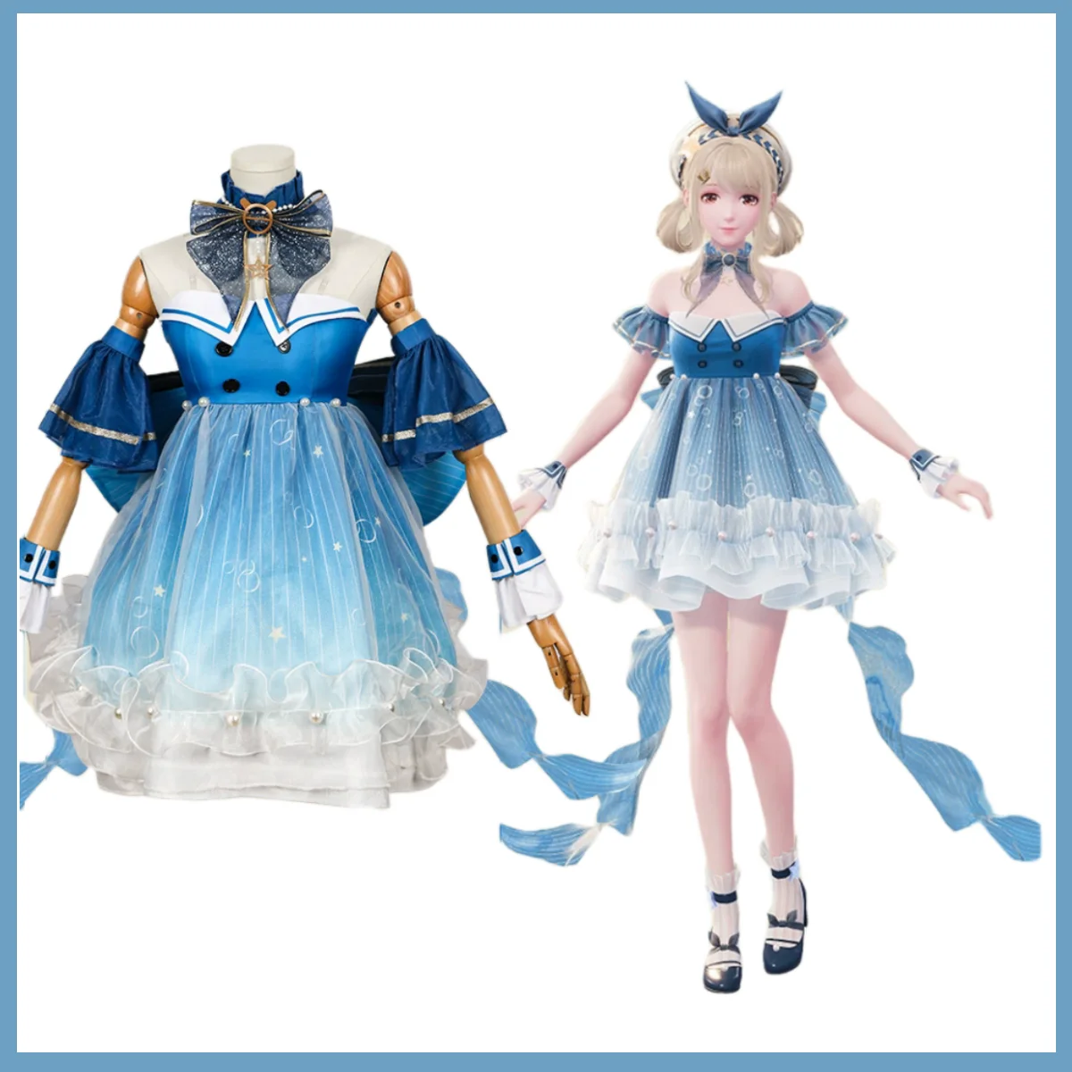 Game Infinity Nikki Cosplay Costume Anime Wig Blue Bubbles Skirt Off Shoulder Princess Dress Woman Cute Halloween Carnival Suit view 2
