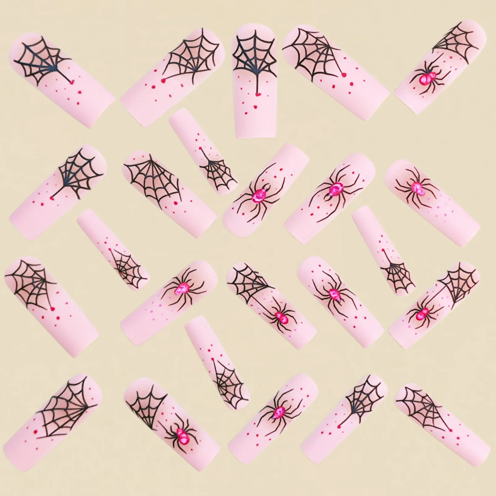 Press On Nails Resin Pink Rhinestone Spider-Web Tips Scratch Resistant for Halloween Party Gothic Costume Accessories