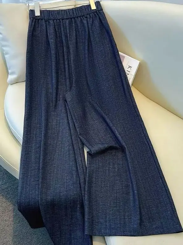 

Deep Blue Silk Scarf Wide Leg Pants Women's 2026 New Sle Early Autumn Faion Small Size Faux Denim Straight Leg Pants