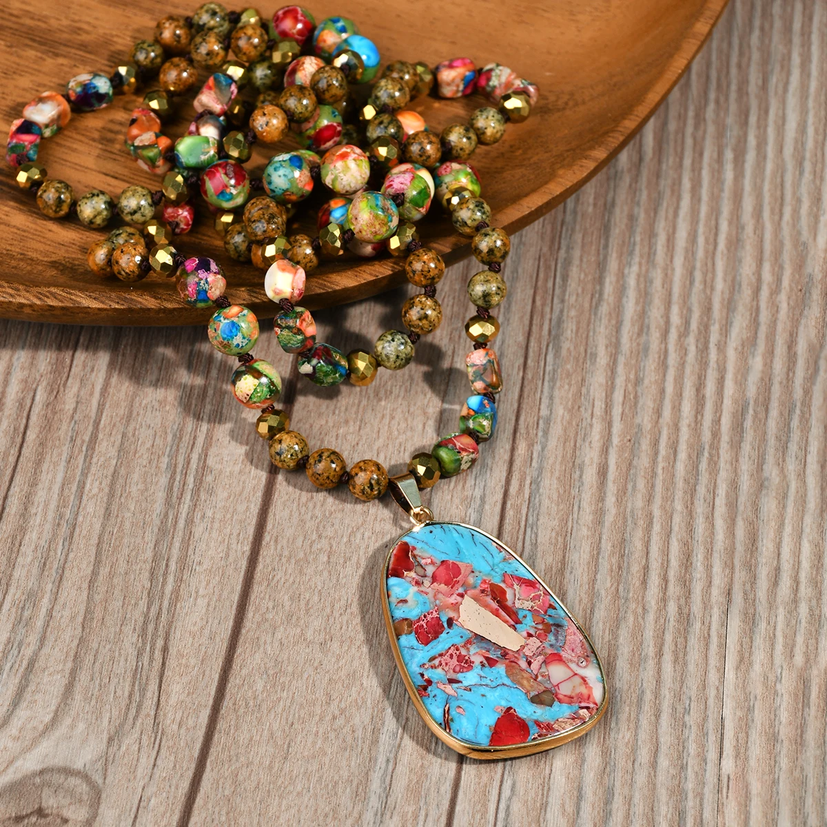 תליון bohemian צבעוני טבעי תליון גדול עתיק ים סדימנט ים Jasper חרוזי בעבודת יד שרשרת ארוכה