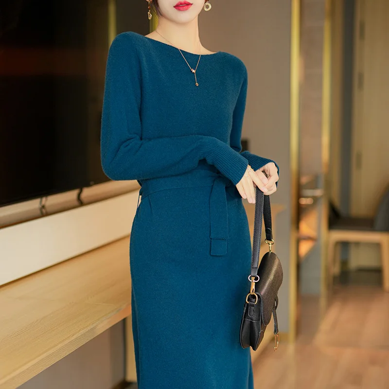 100% Merino Wool Knit Dress Women\'s One-Line Neck Long Skirts Autumn/ Winter Slim Skirts Casual Fashion Bottoming Cashmere Skirt